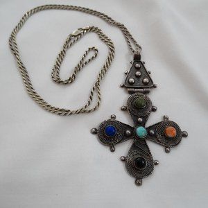 Vintage Sterling Silver Large Equal Sided Cross Pendant Necklace Chain